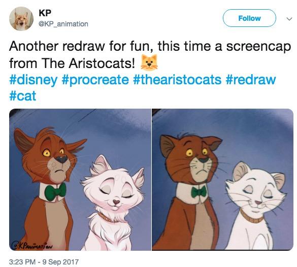 Aristocats КР @KP_animation Follow Another redraw for fun, this time a screencap from The Aristocats! #disney #procreate #thearistocats #redraw #cat 3:23 PM - 9 Sep 2017