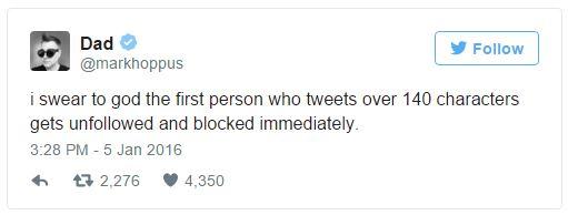 @Markhoppus Tweet Funny tweet about twitter increasing their character count
