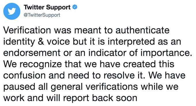 Verification was meant to authenticate identity & voice but it is interpreted as an endorsement or an indicator of importance Twitter Support @TwitterSupport Verification was meant to authenticate identity & voice but it is interpreted as an endorsement or an indicator of importance We recognize that we have created this confusion and need to resolve it. We have paused all general verifications while we work and will report back soon