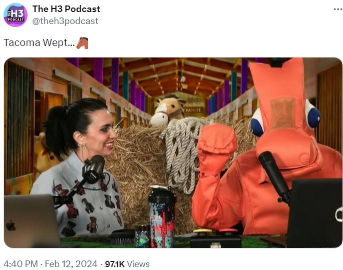 Tacoma Wept...🐴 H3 PODCAST The H3 Podcast @theh3podcast Tacoma Wept.... 4:40 PM - Feb 12, 2024 - 97.1K Views FRANCH ...
