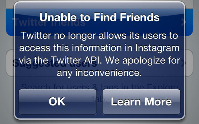 7a4.jpg Unable to Find Friends witt erTmends I witter no longer allows its users to access this information in Instagram via the Twitter API. We apologize for any inconvenience OK Learn More