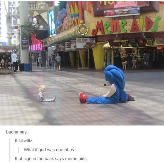 Gotta Meme Fast kids sitting on the floor with a mascot of Sonic The Hedgehog and a place called Meme Aids behind them