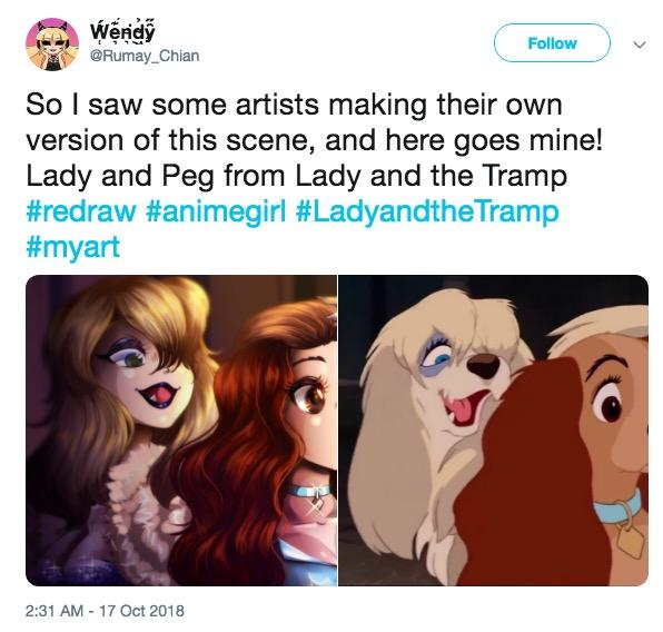 Wendy Werid? Rumay_Chian Follow So l saw some artists making their own version of this scene, and here goes mine! Lady and Peg from Lady and the Tramp #redraw #animegirl #LadyandtheTramp #myart 2:31 AM 17 Oct 2018