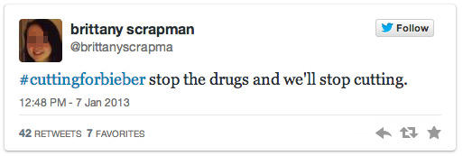b74.jpg Follow brittany scrapman @brittanyscrapma #cuttingforbieber stop the drugs and we'll stop cutting. 12:48 PM-7 Jan 2013 42 RETWEETS 7 FAVORITES