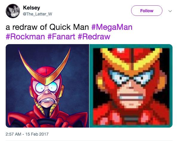 Quick Man Kelsey @The_Letter_W Follow ) a redraw of Quick Man #MegaMan #Rockman #Fanart #Redraw 2:57 AM-15 Feb 2017