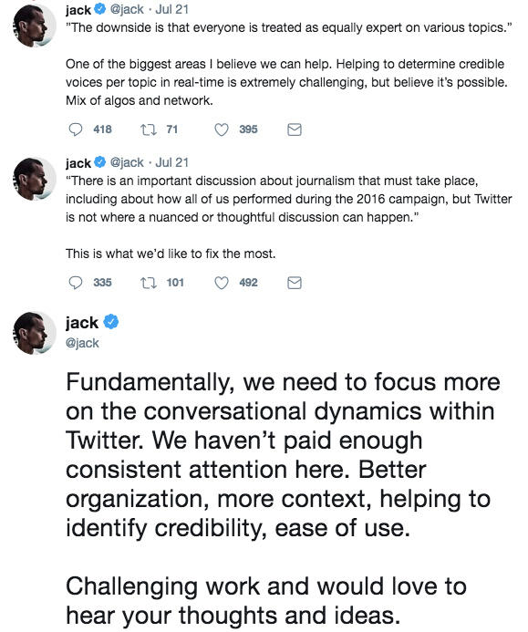 Powerful, but only if we help organize and not overwhelm people: ”And it is democratic—everyone gets to have a voice, whether jack ejack Jul 21 "The downside is that everyone is treated as equally expert on various topics." One of the biggest areas I believe we can help. Helping to determine credible voices per topic in real-time is extremely challenging, but believe it's possible Mix of algos and network. jack ejack Jul 21 "There is an important discussion about journalism that must take place including about how all of us performed during the 2016 campaign, but Twitter is not where a nuanced or thoughtful discussion can happen." This is what we'd like to fix the most. 335 t 101 492 jack @jack Fundamentally, we need to focus more on the conversational dynamics within Twitter. We haven't paid enough consistent attention here. Better organization, more context, helping to identify credibility, ease of use Challenging work and would love to hear your thoughts and ideas,