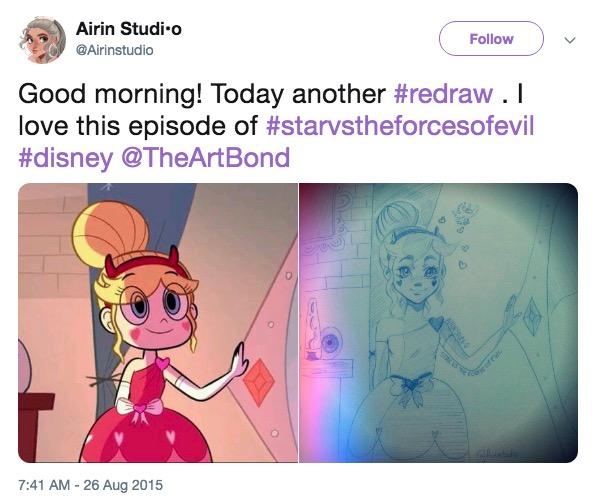 Star Airin Studi.o Follow Airinstudio Good morning! Today another #redraw. I love this episode of #starvstheforcesofevil #disney @TheArtBond 7:41 AM-26 Aug 2015