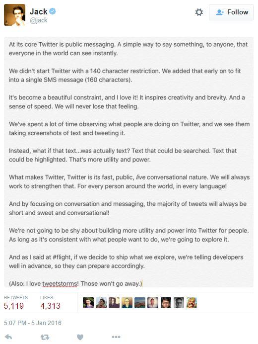 Jack Dorsey's Tweet Tweet by Jack Dorsey explaining that they will keep the 140 character limit