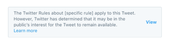 The Twitter Rules about [specific rule] apply to this Tweet. However, Twitter has determined that it may be in the public's interest for the Tweet to remain available. View Learn more