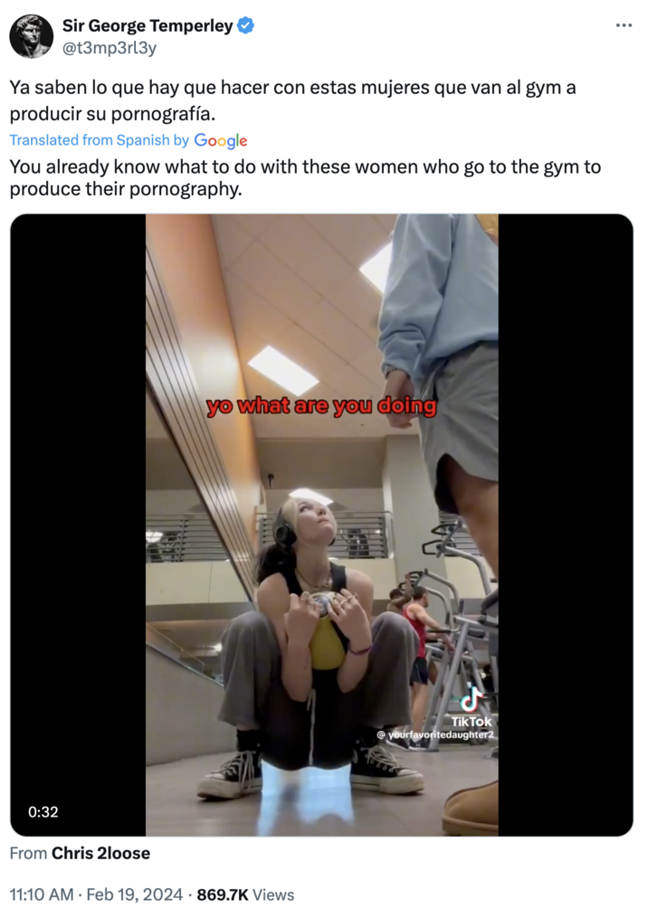 Yourfavoritedaughter2 Tiktok video reaction Sir George Temperley @t3mp3rl3y Ya saben lo que hay que hacer con estas mujeres que van al gym a producir su pornografía. Translated from Spanish by Google You already know what to do with these women who go to the gym to produce their p----------. 0:32 From Chris 2loose yo what are you doing 11:10 AM. Feb 19, 2024 869.7K Views Tik Tok @yourfavoritedaughter2 :