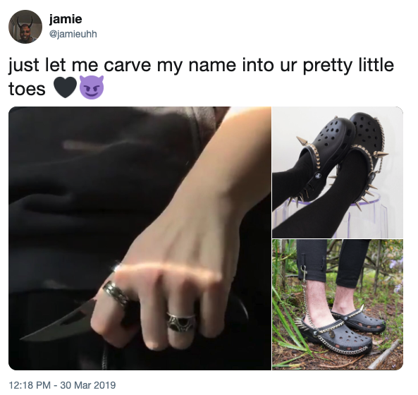 Little toes jamie @jamieuhh just let me carve my name into ur pretty little toes 12:18 PM-30 Mar 2019
