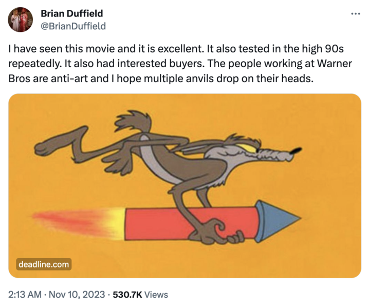 'Coyote vs. Acme' Cancellation Controversy Brian Duffield @BrianDuffield I have seen this movie and it is excellent. It also tested in the high 90s repeatedly. It also had interested buyers. The people working at Warner Bros are anti-art and I hope multiple anvils drop on their heads. deadline.com : 2:13 AM Nov 10, 2023 530.7K Views