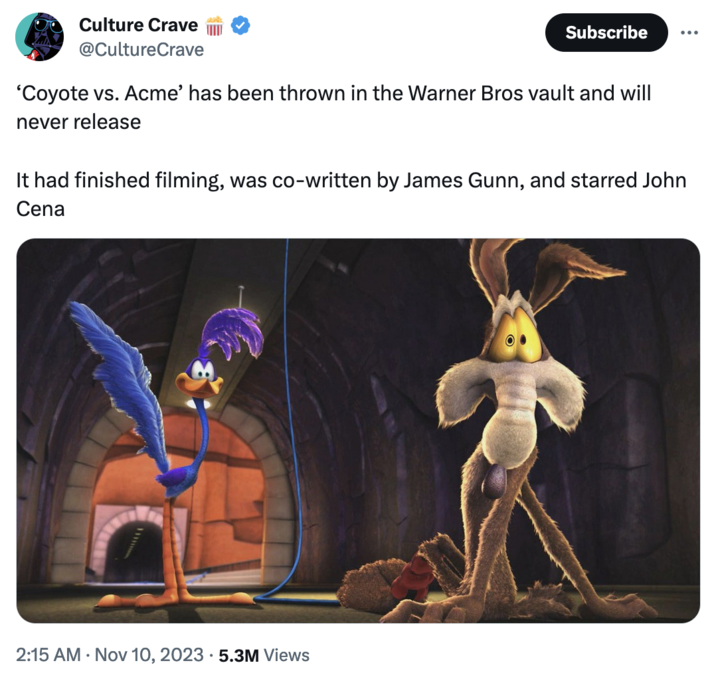 'Coyote vs. Acme' Cancellation Controversy Culture Crave @CultureCrave Subscribe 'Coyote vs. Acme' has been thrown in the Warner Bros vault and will never release It had finished filming, was co-written by James Gunn, and starred John Cena 2:15 AM • Nov 10, 2023 5.3M Views