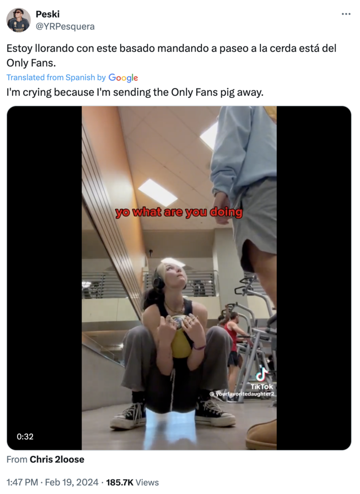 Yourfavoritedaughter2 Tiktok video reaction @YRPesquera Estoy llorando con este basado mandando a paseo a la cerda está del Only Fans. Emirates Peski Translated from Spanish by Google I'm crying because I'm sending the Only Fans pig away. 0:32 From Chris 2loose yo what are you doing 1:47 PM. Feb 19, 2024 185.7K Views Tik Tok @yourfavoritedaughter2 :