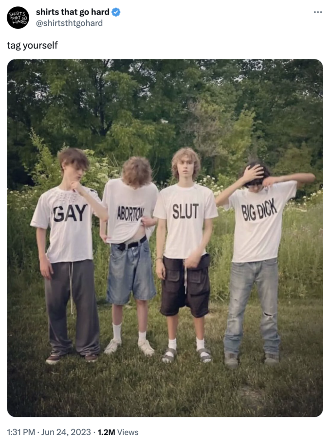 SHIRTS THAT GO shirts that go hard HARD @shirtsthtgohard tag yourself GAY . ABORTION SLUT BIG D--- H JON 1:31 PM Jun 24, 2023 1.2M Views VUX :